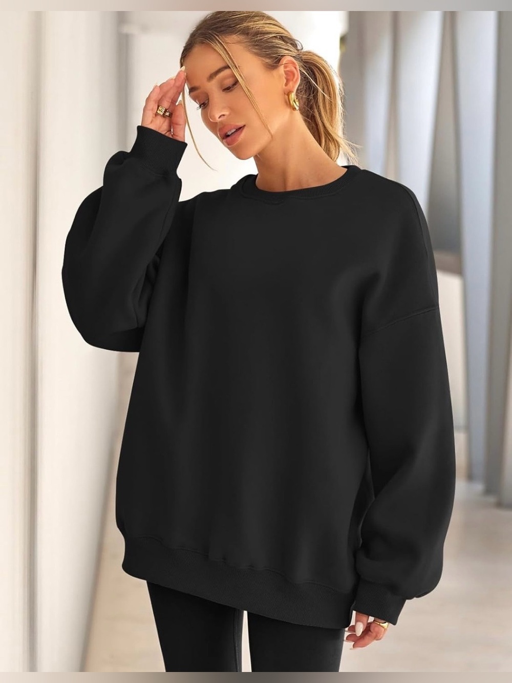 EFAN Black Oversized Crewneck Sweatshirt Medium | Faded Cozy Slouchy Pullover